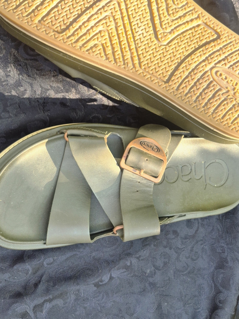 Chaco Women's Olive Green Strappy Slide Sandal with Copper Buckle